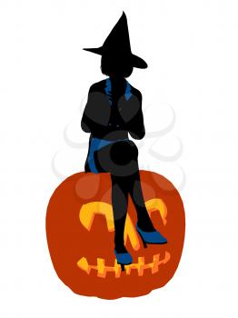 Royalty Free Clipart Image of a Witch on a Pumpkin