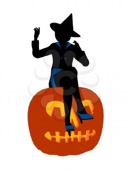 Royalty Free Clipart Image of a Witch on a Pumpkin