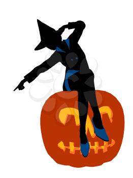 Royalty Free Clipart Image of a Witch on a Pumpkin