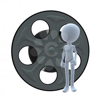 Royalty Free Clipart Image of a 3D Man and a Movie Reel