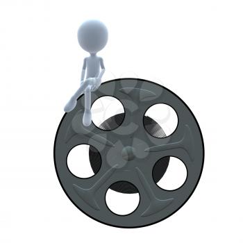 Royalty Free Clipart Image of a 3D Man and a Movie Reel