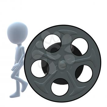 Royalty Free Clipart Image of a 3D Man and a Movie Reel