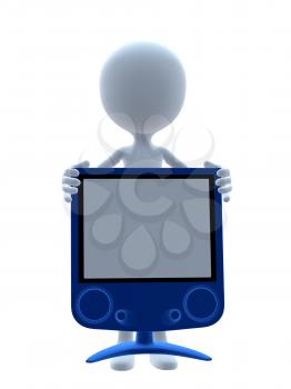 Royalty Free Clipart Image of a 3D Guy With a Computer