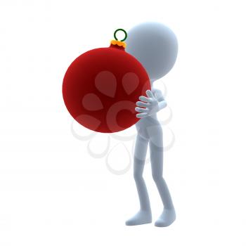 Royalty Free Clipart Image of a 3D Guy With a Christmas Ornament