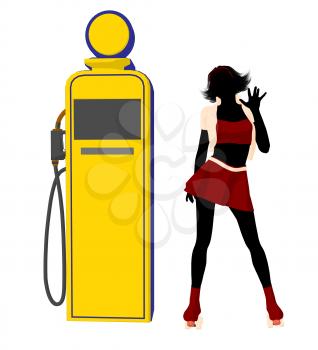 Royalty Free Clipart Image of a Girl in Roller Skates at a Gas Pump