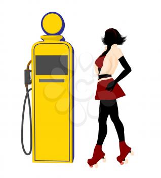 Royalty Free Clipart Image of a Girl in Roller Skates at a Gas Pump