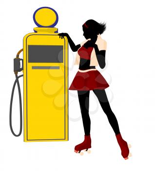 Royalty Free Clipart Image of a Girl in Roller Skates at a Gas Pump