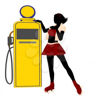 Royalty Free Clipart Image of a Girl in Roller Skates at a Gas Pump