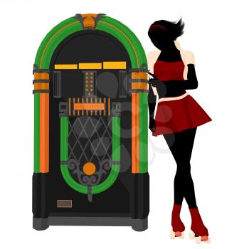 Royalty Free Clipart Image of a Woman on Roller Skates Next to a Jukebox