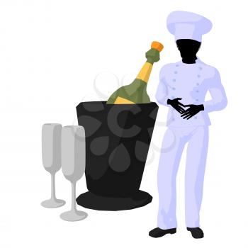 Royalty Free Clipart Image of a Chef With Champagne and Glasses