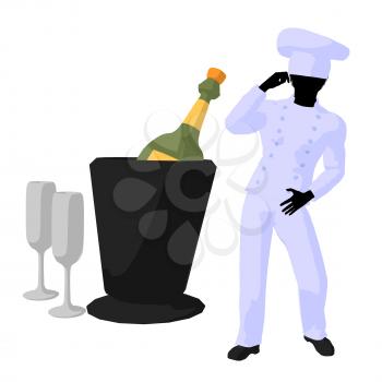 Royalty Free Clipart Image of a Chef With Champagne and Glasses