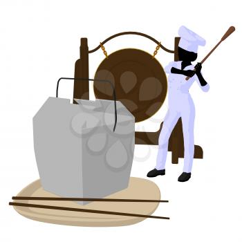 Royalty Free Clipart Image of a Chef With a Gong and a Takeout Container