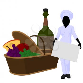 Royalty Free Clipart Image of a Female Chef With a Picnic Basket, Wine and a Sign