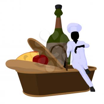 Royalty Free Clipart Image of a Female Chef With a Picnic Basket of Food and a Wine Bottle