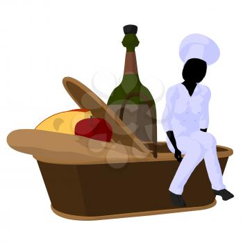 Royalty Free Clipart Image of a Female Chef With a Picnic Basket of Food and a Wine Bottle