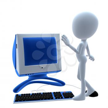 Royalty Free Clipart Image of a 3D Guy on a Computer