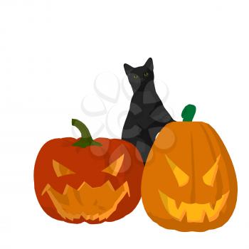 Royalty Free Clipart Image of a Black Cat on Carved Pumpkins