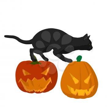 Royalty Free Clipart Image of a Black Cat on Carved Pumpkins