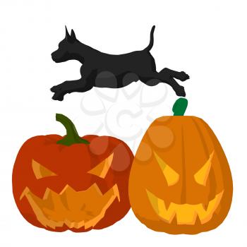 Royalty Free Clipart Image of a Dog and Jack-o-Lanterns