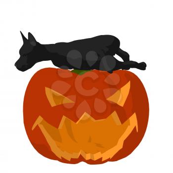 Royalty Free Clipart Image of a Black Dog on a Carved Pumpkin