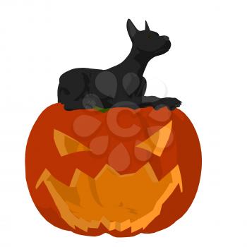 Royalty Free Clipart Image of a Black Dog on a Carved Pumpkin