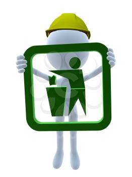 Royalty Free Clipart Image of a 3D Man in a Hardhat Holding a Waste Receptacle Sign