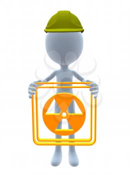 Royalty Free Clipart Image of a 3D Man in a Hardhat Holding a Hazard Sign