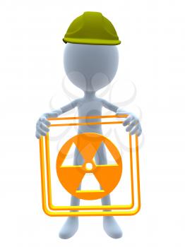 Royalty Free Clipart Image of a 3D Man in a Hardhat Holding a Hazard Sign