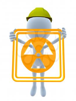 Royalty Free Clipart Image of a 3D Man in a Hardhat Holding a Hazard Sign