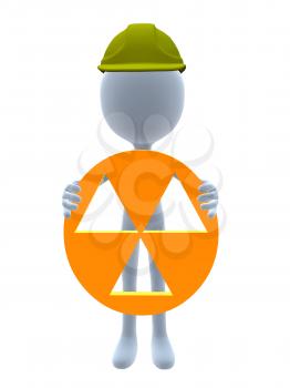 Royalty Free Clipart Image of a 3D Guy in a Hardhat Holding a Hazard Sign