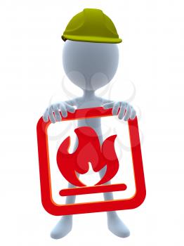Royalty Free Clipart Image of a Guy in a 3D Hat Holding a Fire Sign