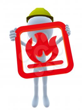 Royalty Free Clipart Image of a Guy in a 3D Hat Holding a Fire Sign