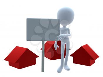 Royalty Free Clipart Image of a 3D Man Holding a Sign Beside Three Red Houses