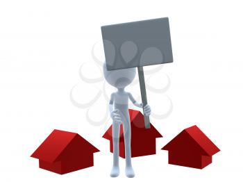 Royalty Free Clipart Image of a 3D Man Holding a Sign Beside Three Red Houses