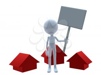 Royalty Free Clipart Image of a 3D Man Holding a Sign Beside Three Red Houses