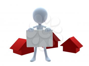 Royalty Free Clipart Image of a 3D Man Holding a Sign Beside Three Red Houses