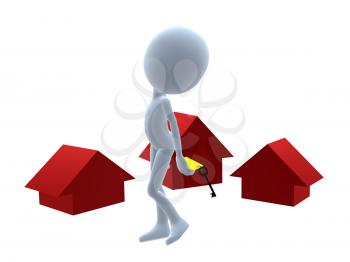 Royalty Free Clipart Image of a 3D Man Holding a Sign Beside Three Red Houses