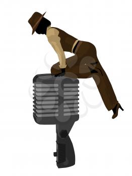 Royalty Free Clipart Image of a Female Jazz Singer With a Large Microphone