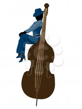 African american jazz player on a bass on a white background