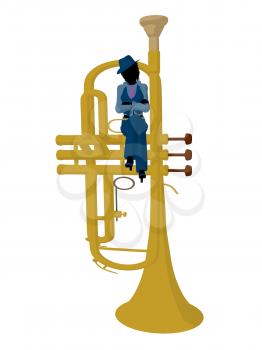 Royalty Free Clipart Image of a Woman on a Large Trumpet