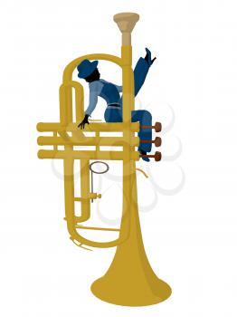 Royalty Free Clipart Image of a Woman on a Large Trumpet