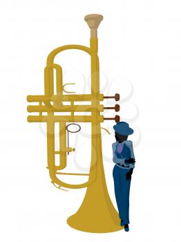 Royalty Free Clipart Image of a Woman on a Large Trumpet