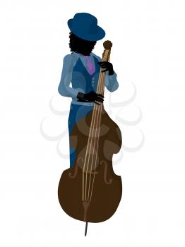 African american jazz player on a bass on a white background