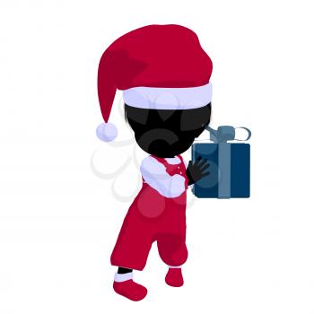 Royalty Free Clipart Image of a Baby Girl in a Santa Costume Holding a Gift