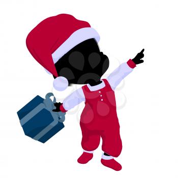 Royalty Free Clipart Image of a Baby Girl in a Santa Costume Holding a Gift