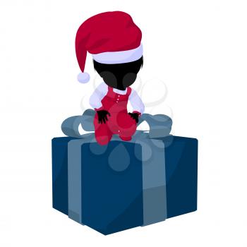 Royalty Free Clipart Image of a Little Girl in a Santa Costume With a Gift