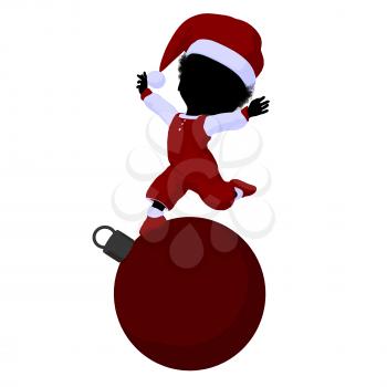 Royalty Free Clipart Image of a Little Girl in a Santa Costume With an Ornament