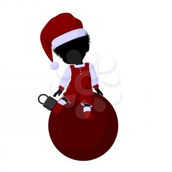 Royalty Free Clipart Image of a Little Girl in a Santa Costume With an Ornament