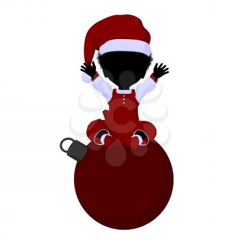 Royalty Free Clipart Image of a Little Girl in a Santa Costume With an Ornament