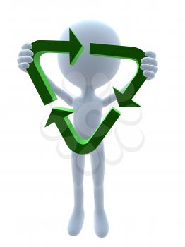 Royalty Free Clipart Image of a 3D Guy With a Recycling Symbol